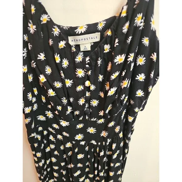 Aeropostale Black Midi Spagetti Strap Dress With Front Slit & Daisies Size M - Picture 3 of 5